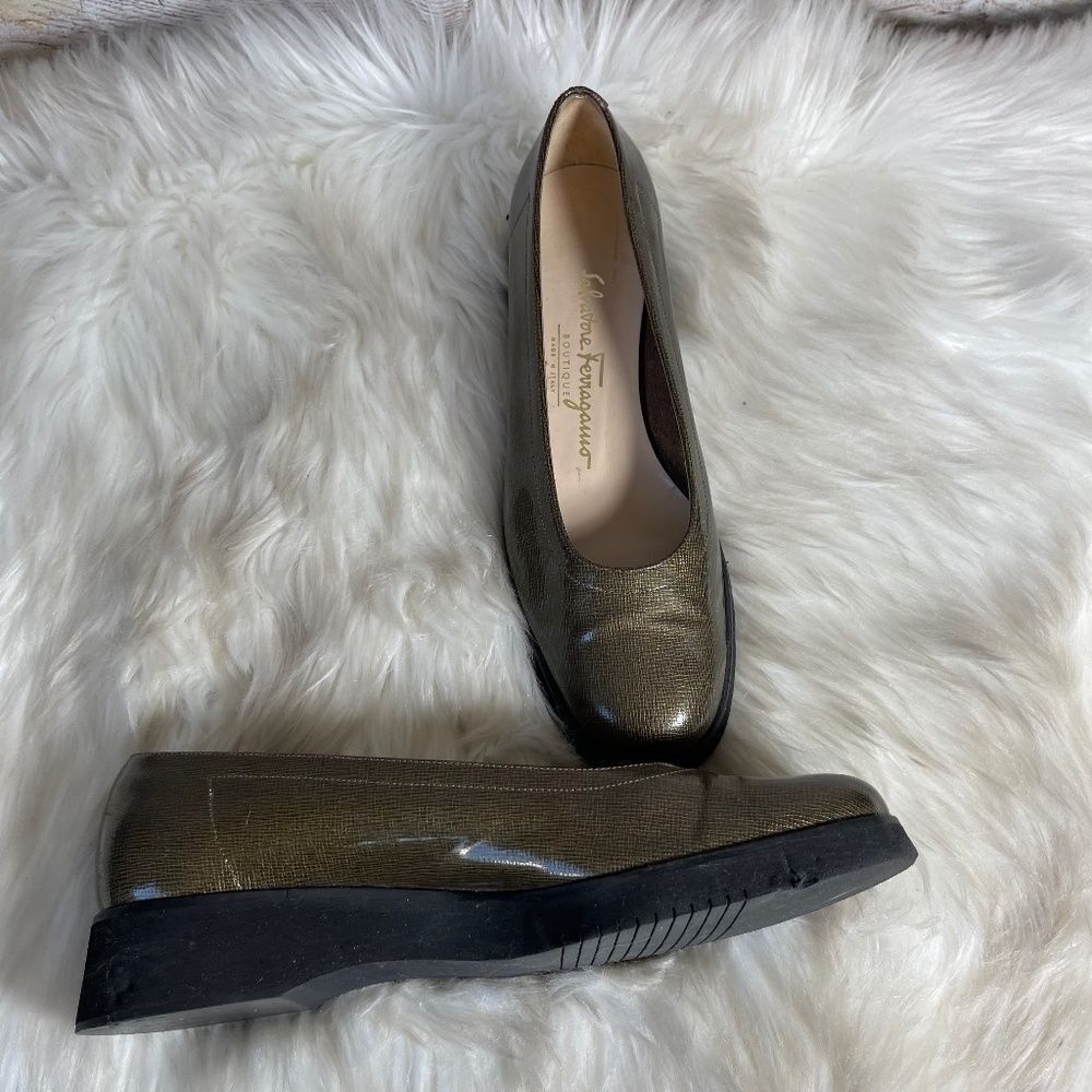 Salvatore Ferragamo Bronze Patent Leather Platform Flats Sz 7
